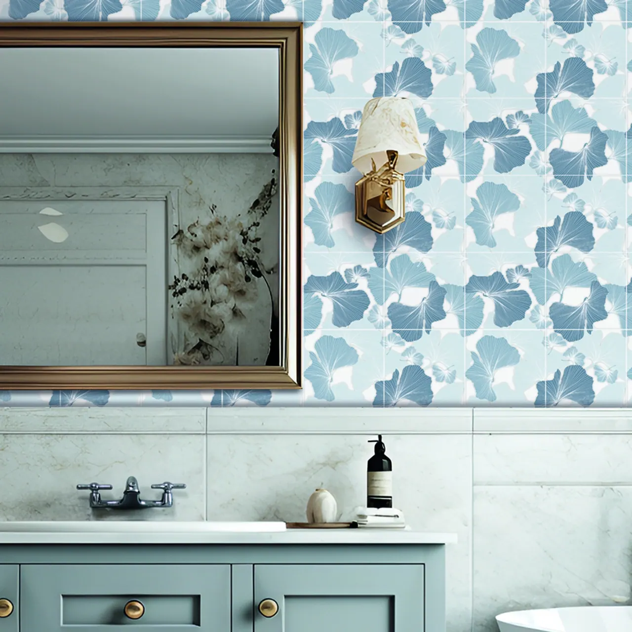 Modern bathroom with large format marble-effect tiles
