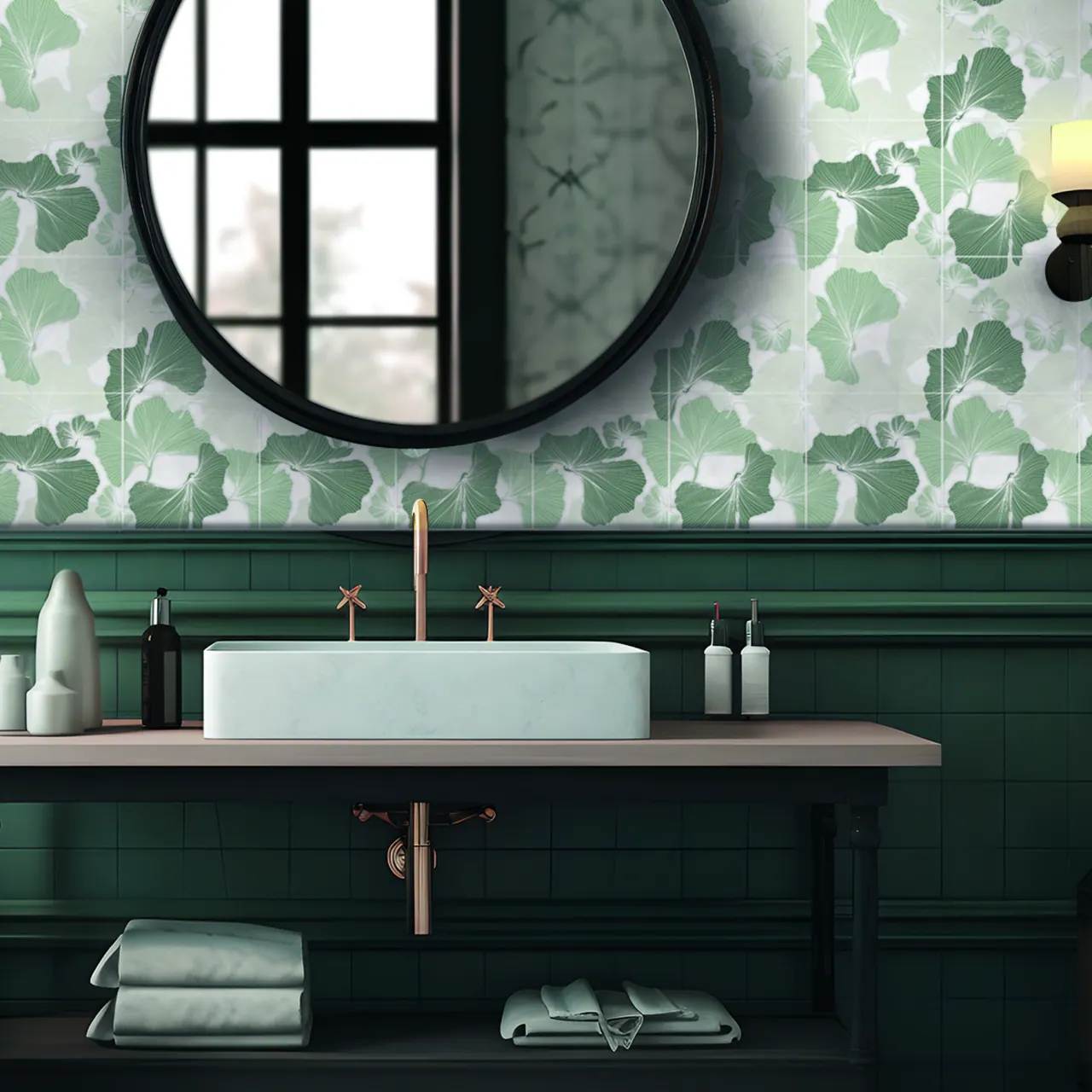 Minimalist bathroom with textured accent wall