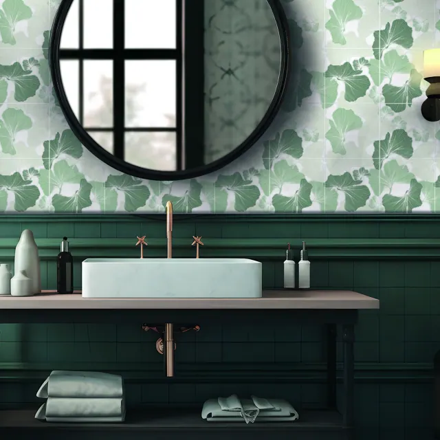 Minimalist bathroom with textured accent wall