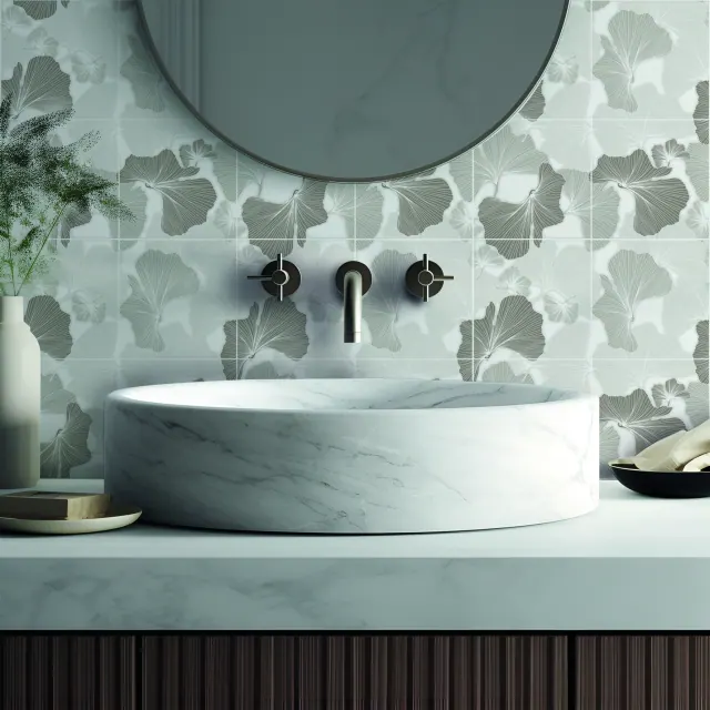 Contemporary bathroom with natural stone-look tiles