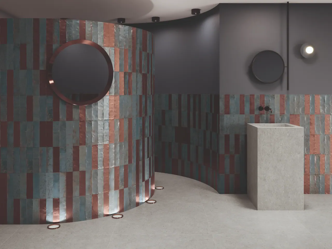 Modern bathroom with dark marble wall tiles