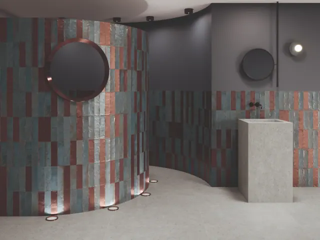 Modern bathroom with dark marble wall tiles