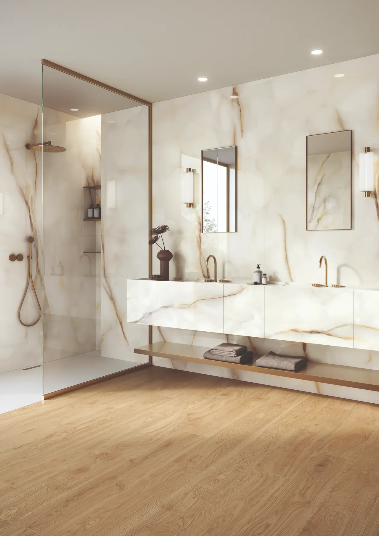 Minimalist bathroom with large format porcelain tiles