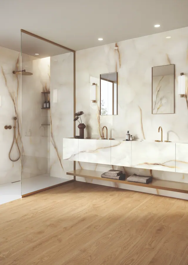 Minimalist bathroom with large format porcelain tiles