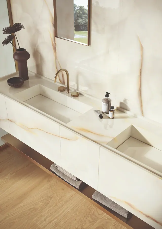 Luxury bathroom with gold accent fixtures