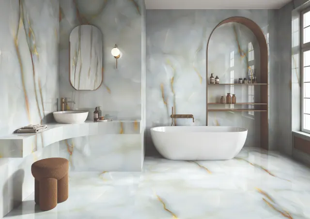 Contemporary bathroom with herringbone tile pattern