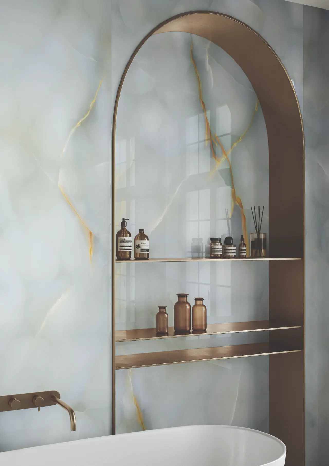 Spa-inspired bathroom with natural stone tiles