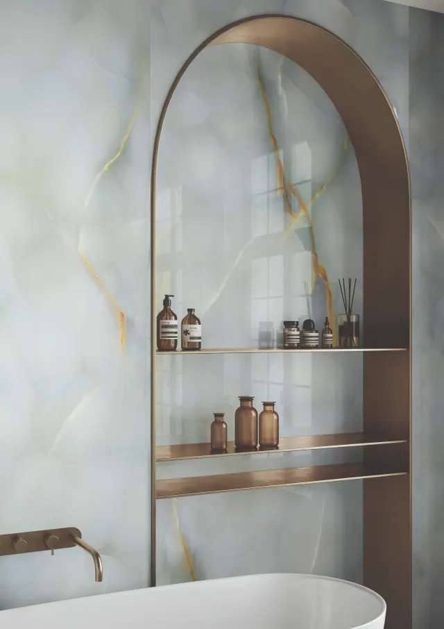 Spa-inspired bathroom with natural stone tiles