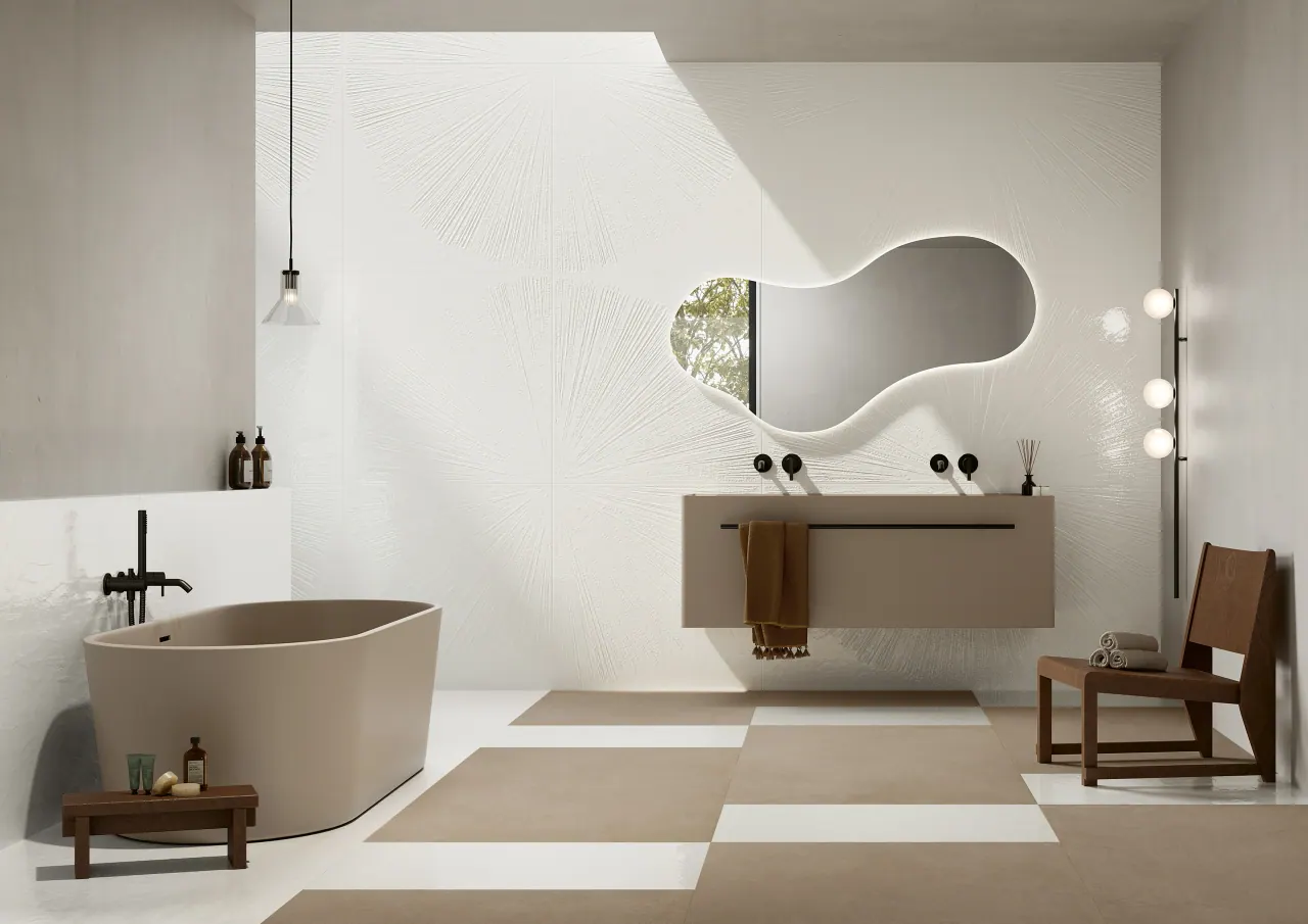 Modern bathroom with geometric mosaic feature wall