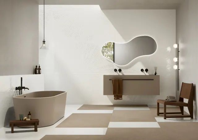 Modern bathroom with geometric mosaic feature wall
