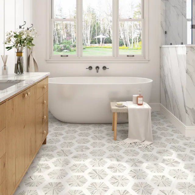 Luxurious bathroom with book-matched marble tiles