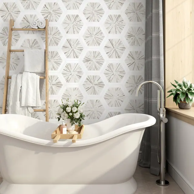 Contemporary bathroom with linear tile pattern