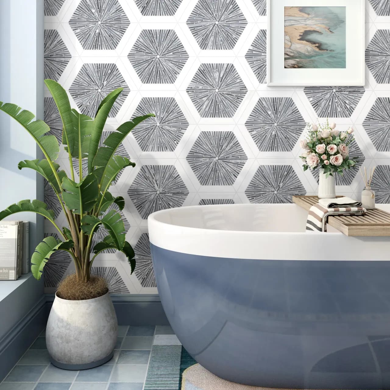 Elegant bathroom with metallic mosaic accent