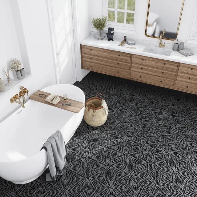 Modern bathroom with cascading tile pattern