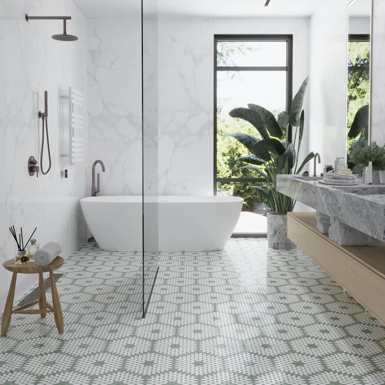 Luxury bathroom with stone-look porcelain tiles