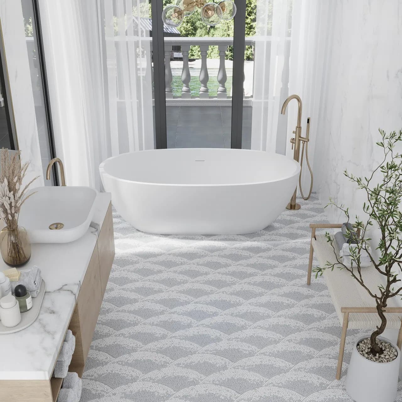 Minimalist bathroom with large scale marble tiles