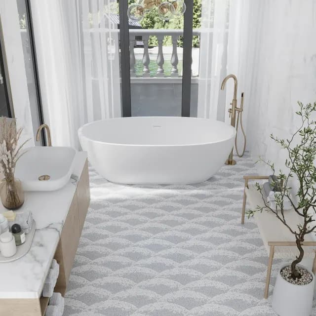 Minimalist bathroom with large scale marble tiles