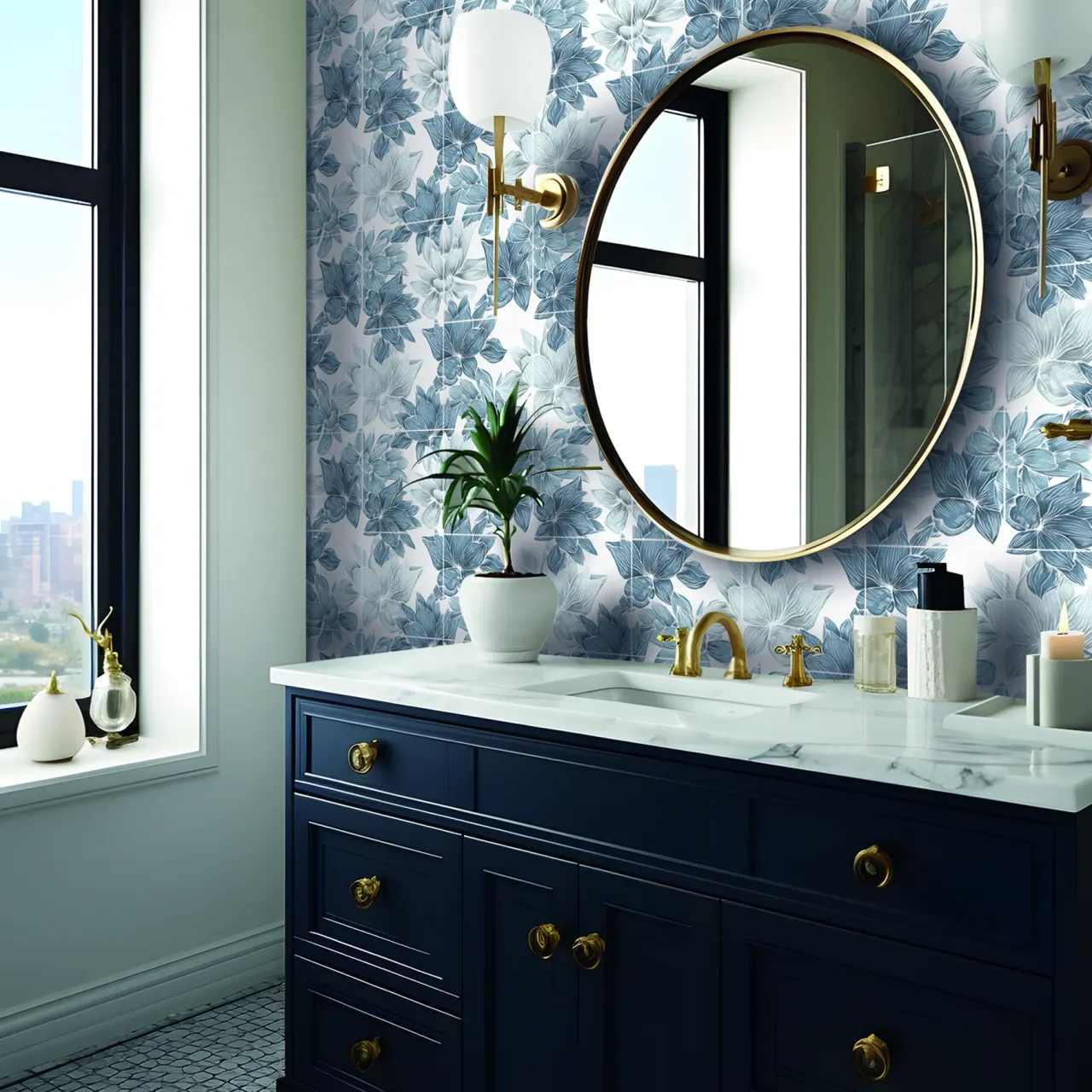 Minimalist bathroom with large format wall tiles