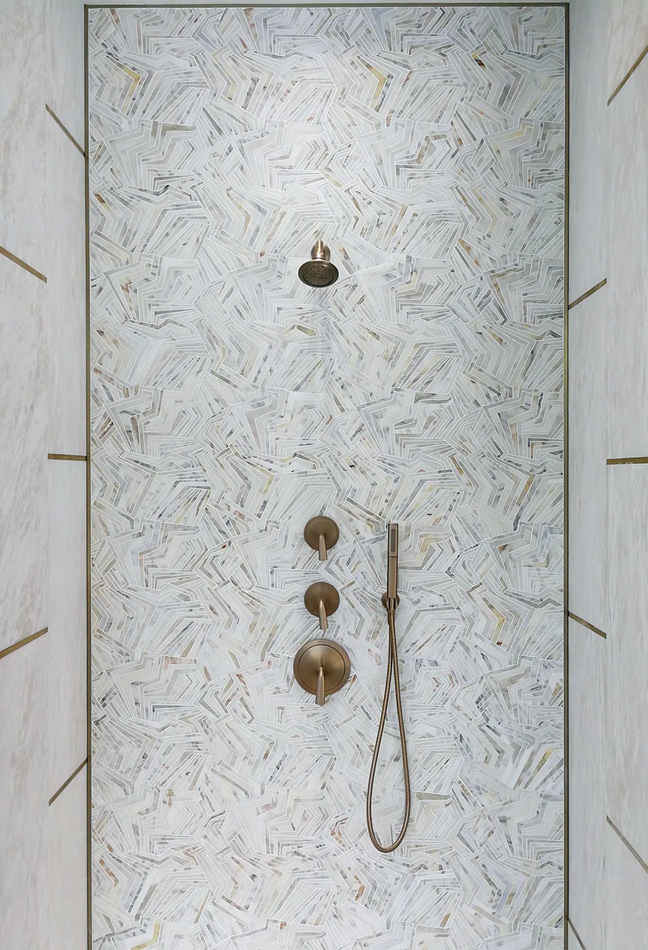 Luxury bathroom with vertical marble veining pattern