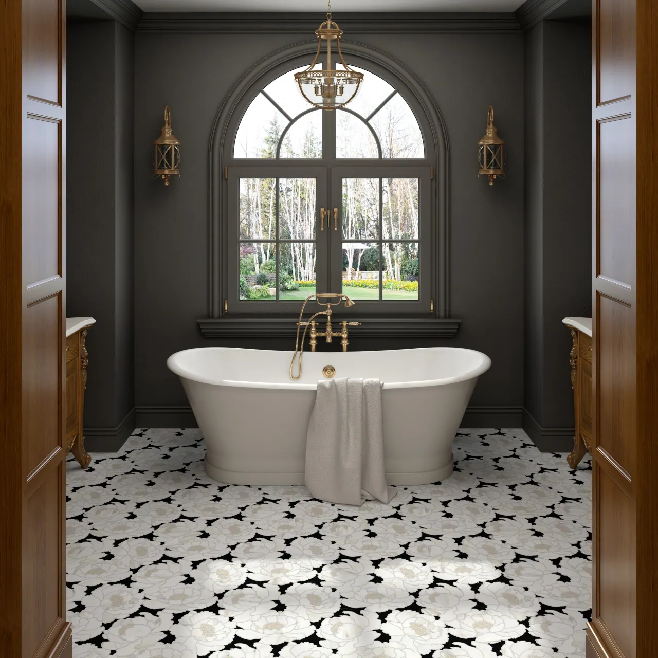 Contemporary bathroom with mixed material tile design