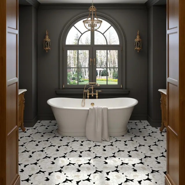 Contemporary bathroom with mixed material tile design