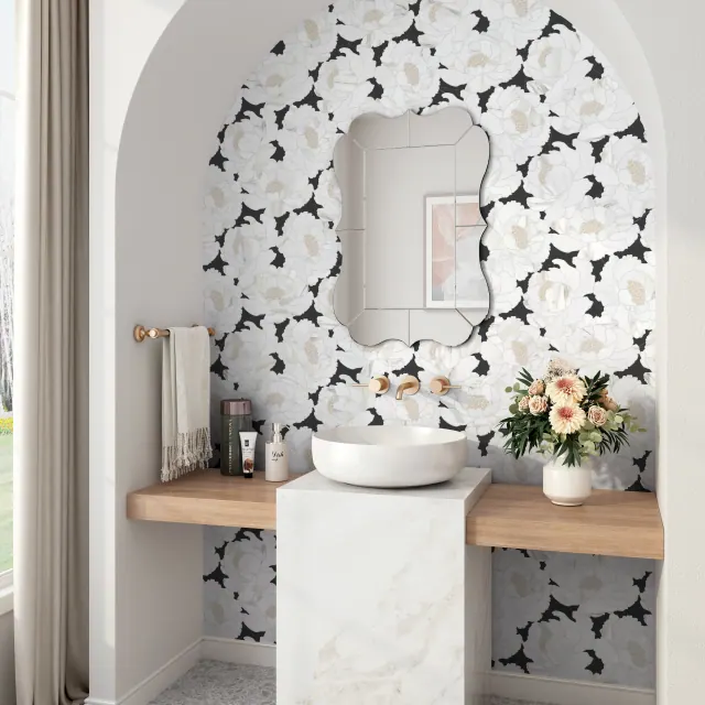 Elegant bathroom with backlit mirror and feature wall