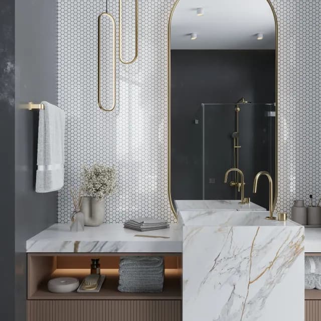 Modern bathroom with geometric pattern accent tiles