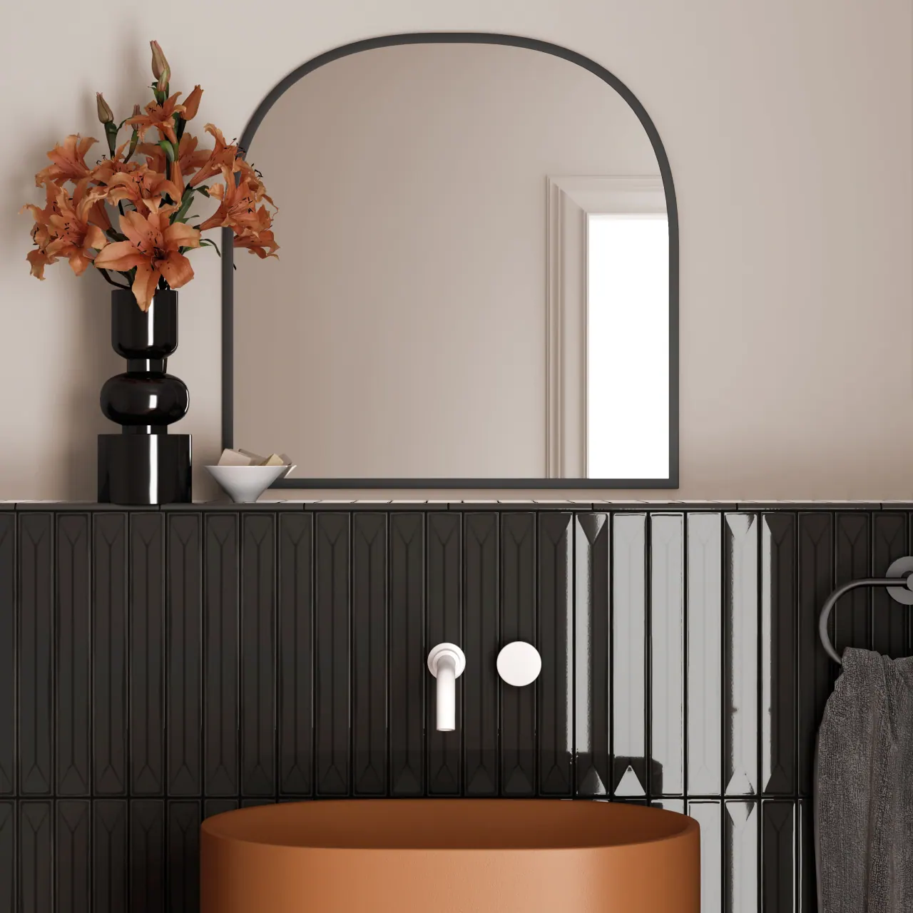 Modern bathroom with linear tile installation