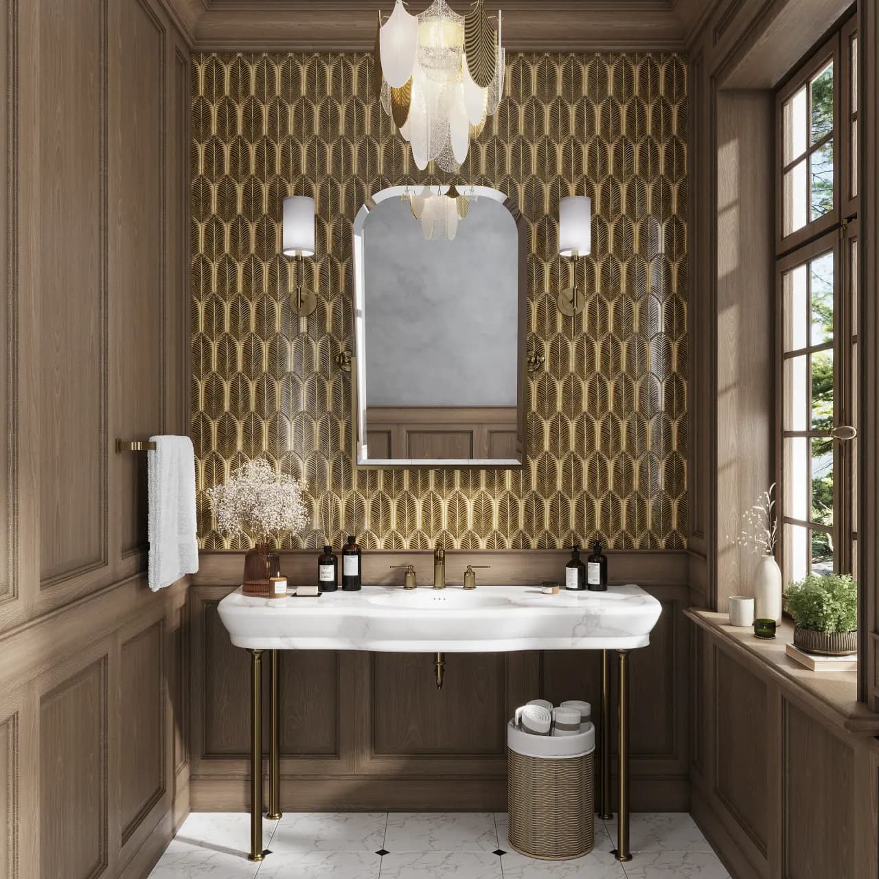 Luxury bathroom with metallic accent tiles