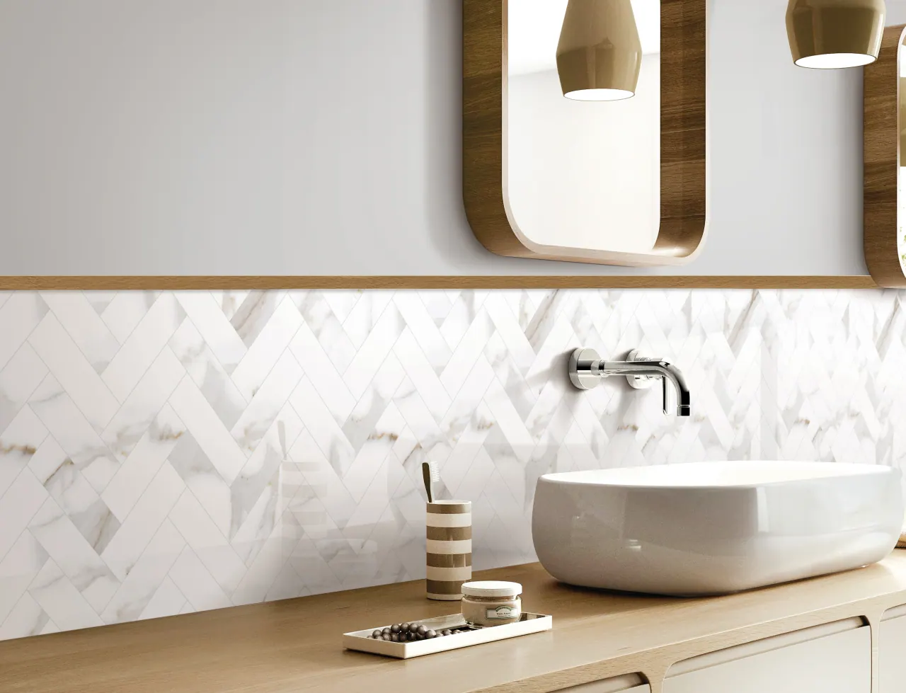 Minimalist bathroom with large scale wall tiles