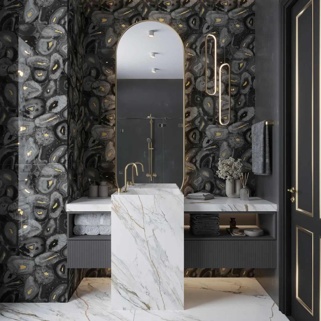 Luxury bathroom with natural stone mosaic accent