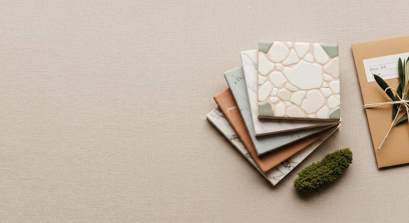 A small stack of 4-inch tile samples on linen, fanned out