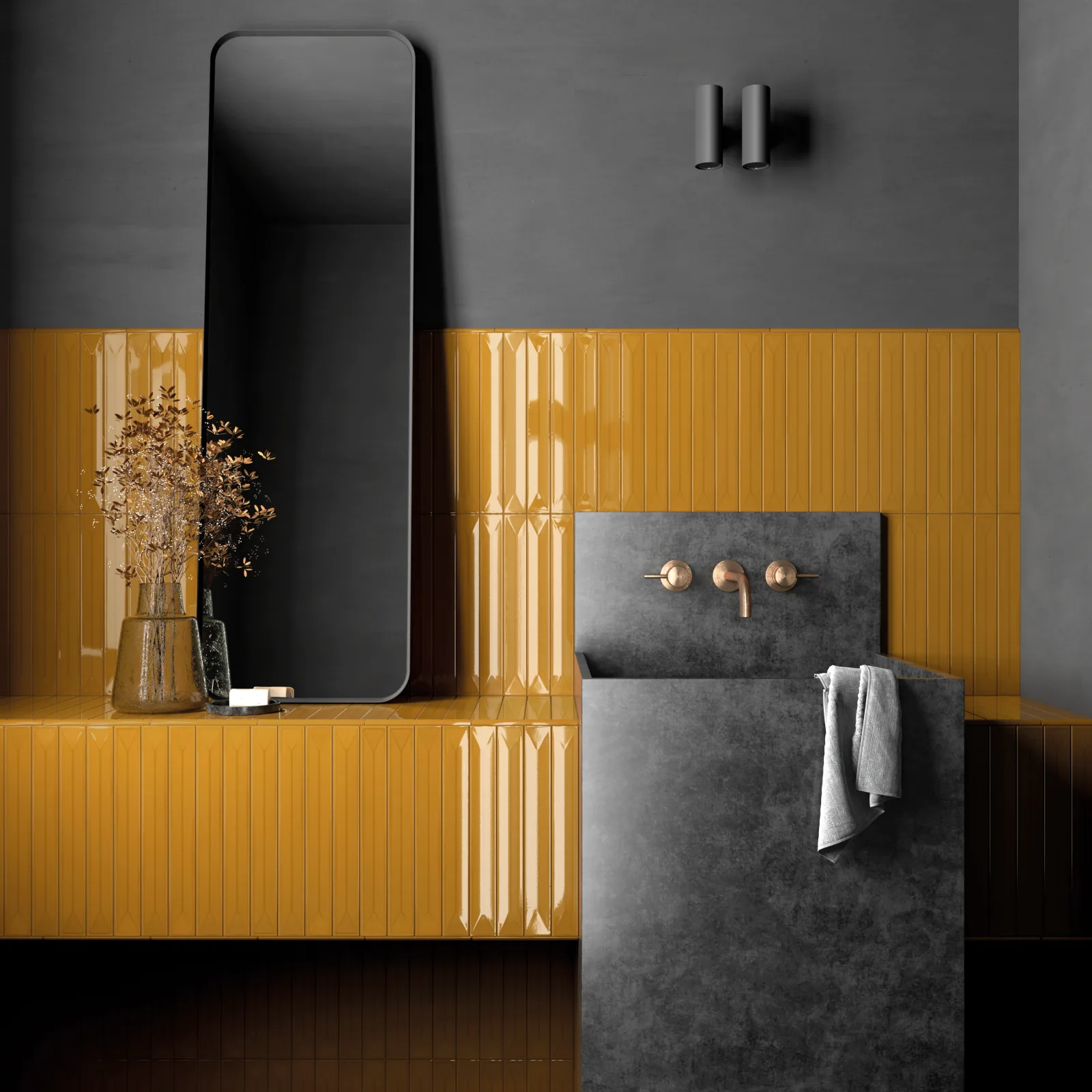 Bath vanity in glossy amber picket tile with a charcoal stone basin