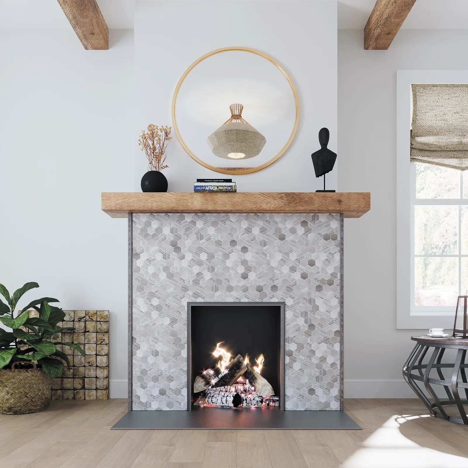 Fireplace surround in gray hexagon mosaic beneath a wood mantel