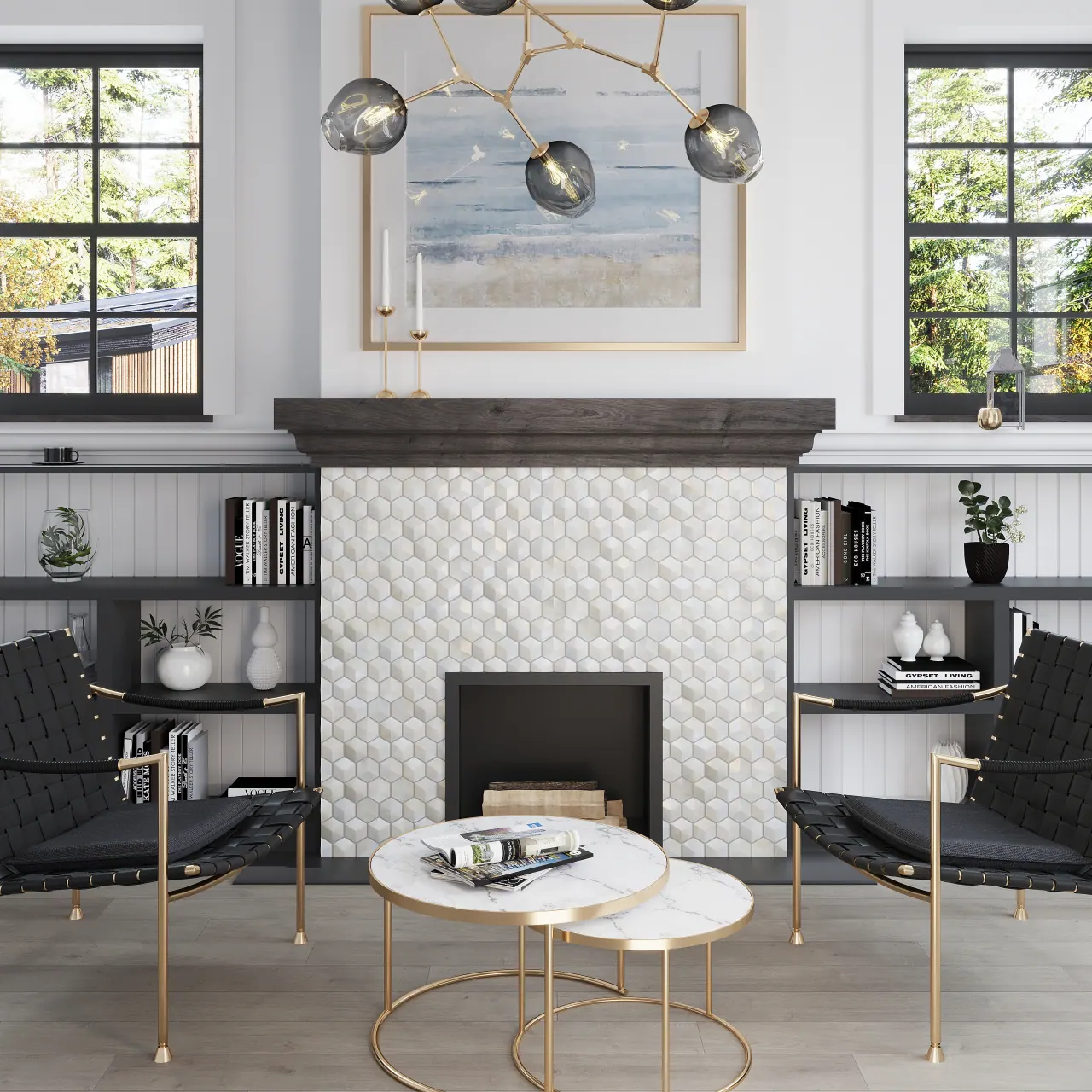 Modern linear fireplace with marble surround tile