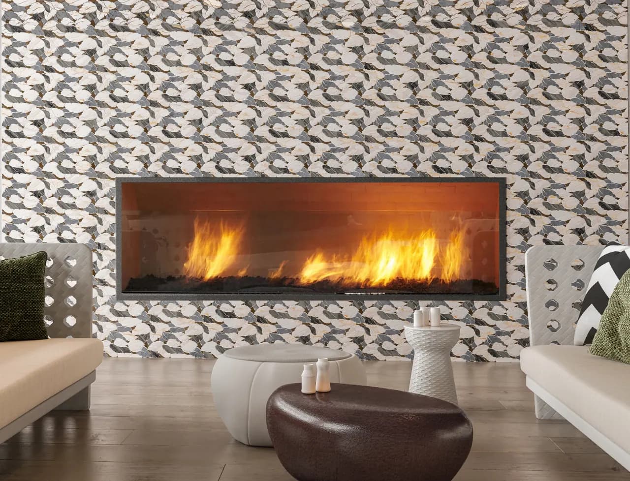 Luxury fireplace with floor-to-ceiling marble tile
