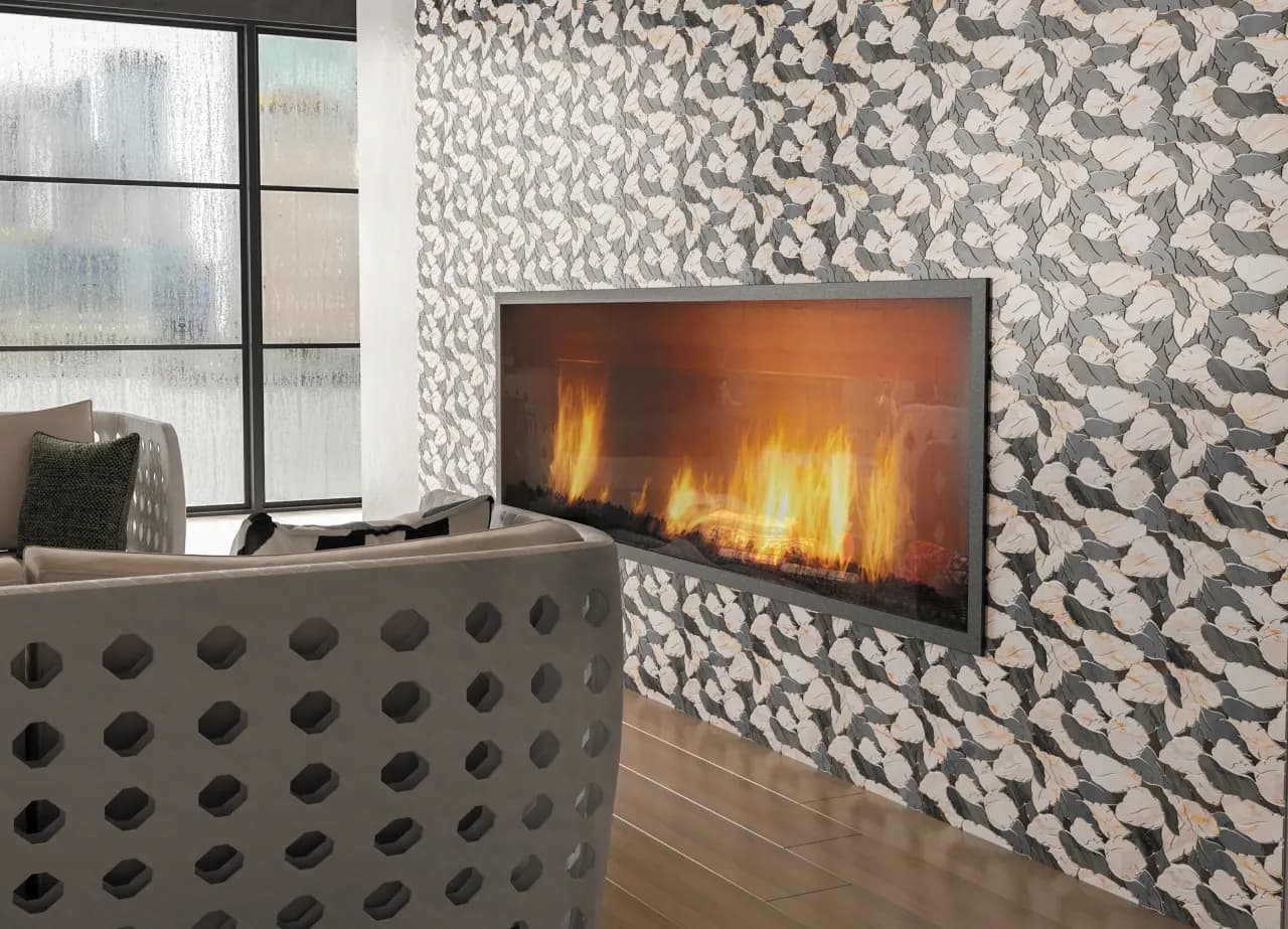 Contemporary fireplace with 3D textured tile surround