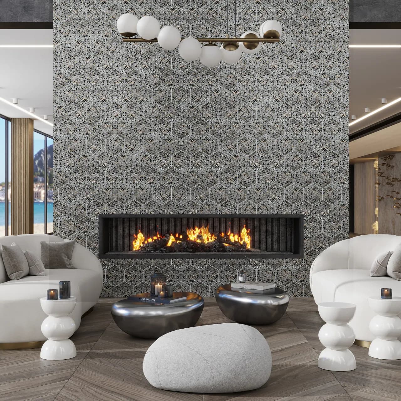 Traditional fireplace with stone-look tile surround