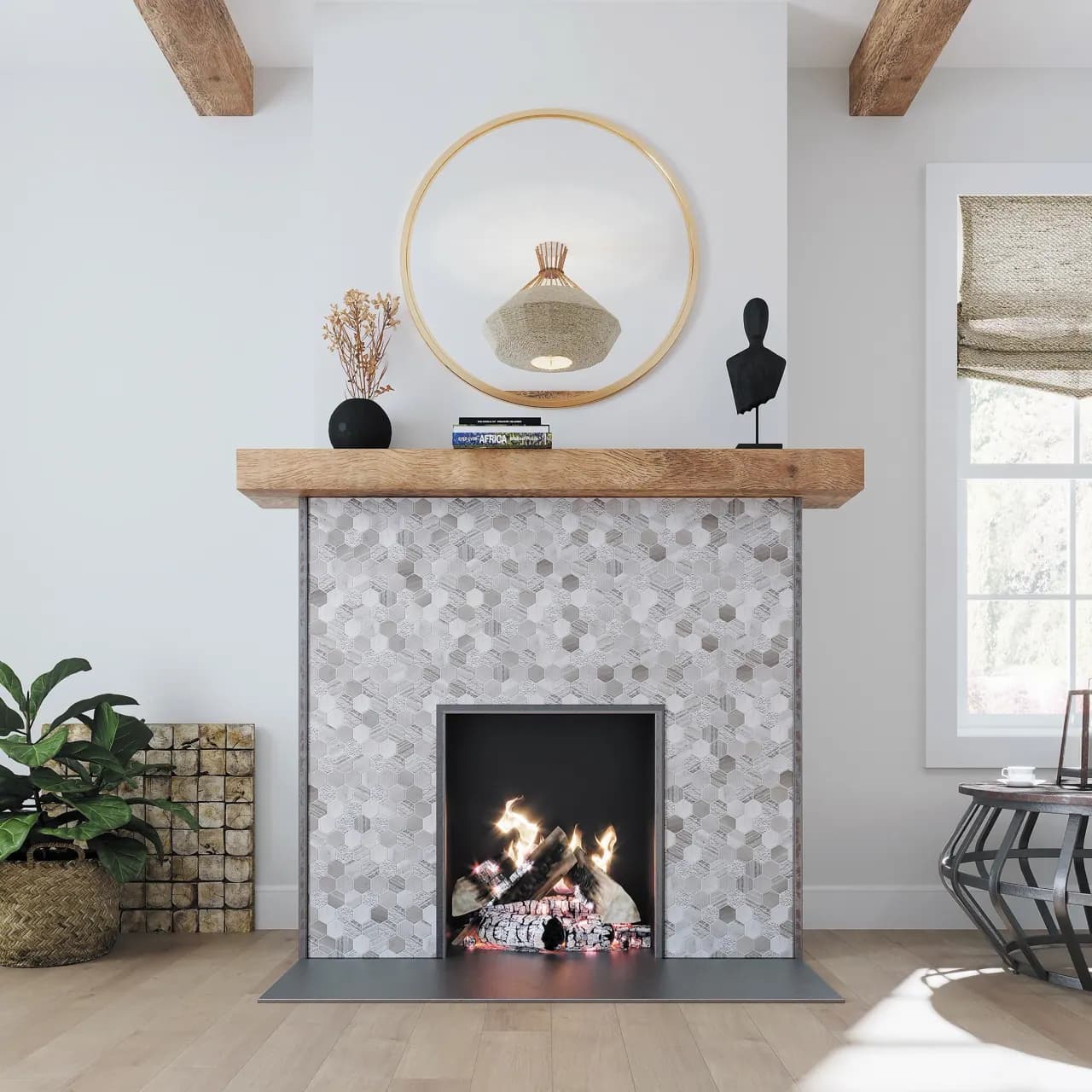Contemporary fireplace with geometric pattern tiles