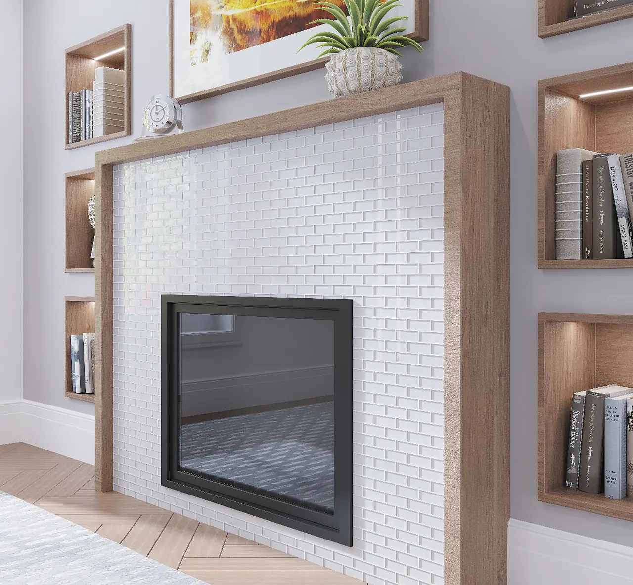 Luxury fireplace with book-matched marble surround
