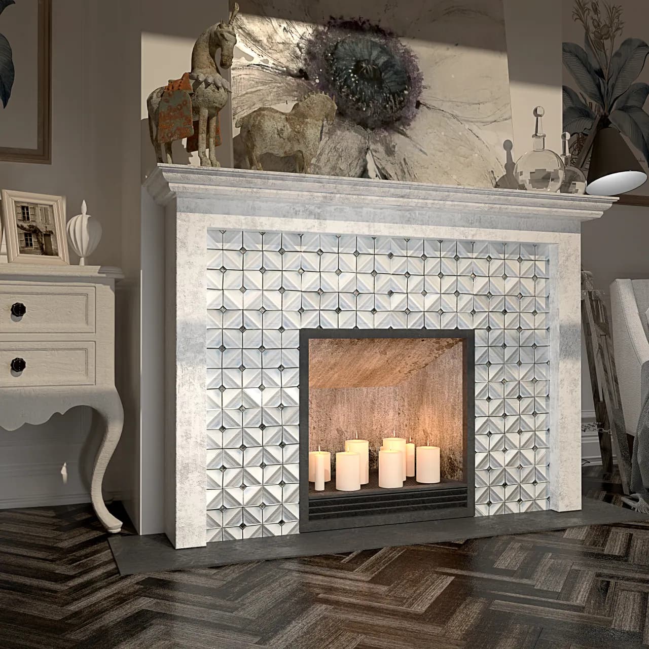 Modern minimalist fireplace with large format tiles