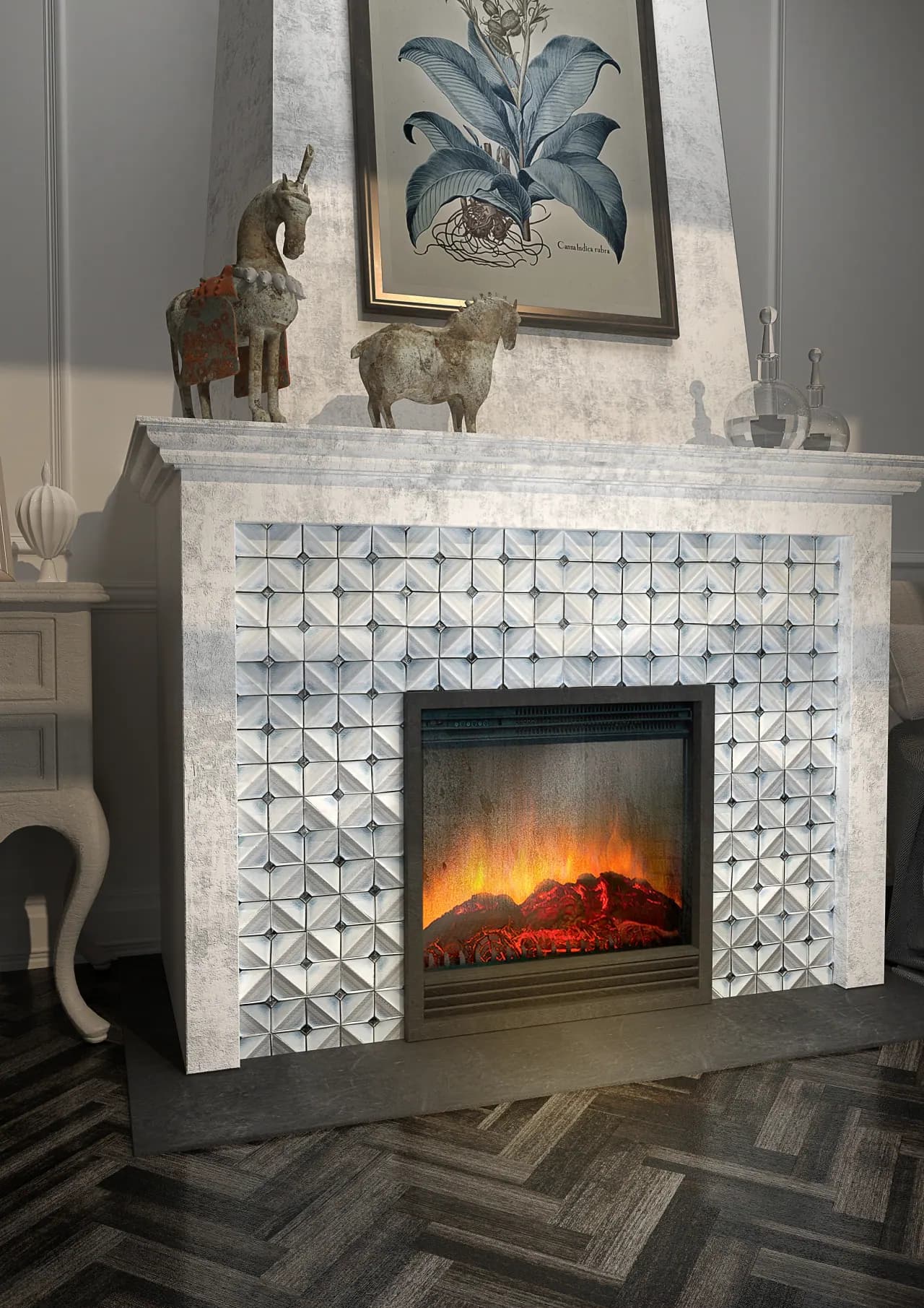 Elegant fireplace with textured stone tile surround