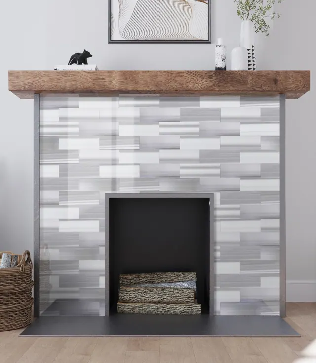 Rustic fireplace with natural stone mosaic surround