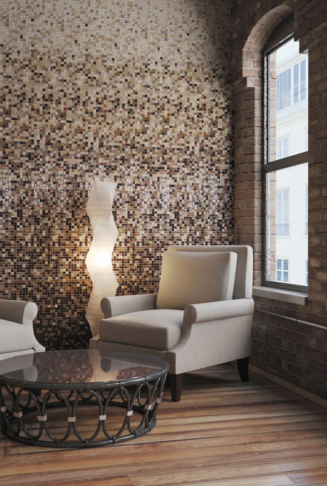 Modern retail showroom with marble-look tiles