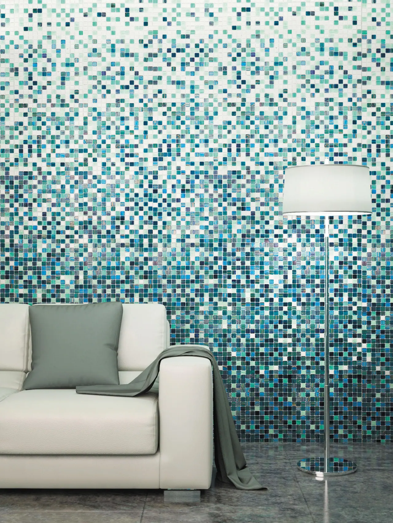 Shopping center with large format floor tiles
