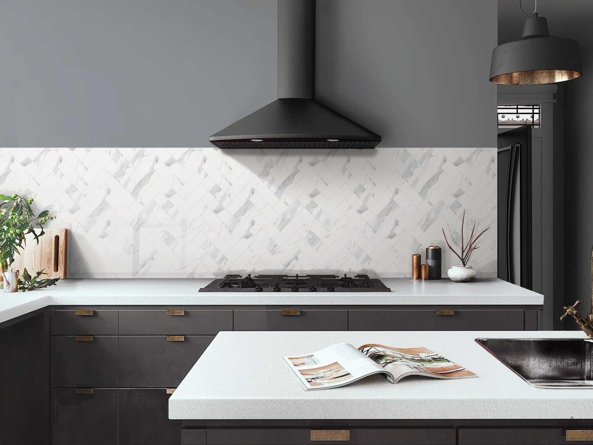 Leopard pattern herringbone kitchen tile design