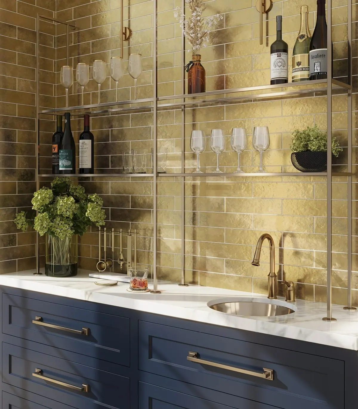 Gold accent kitchen tile installation view 2