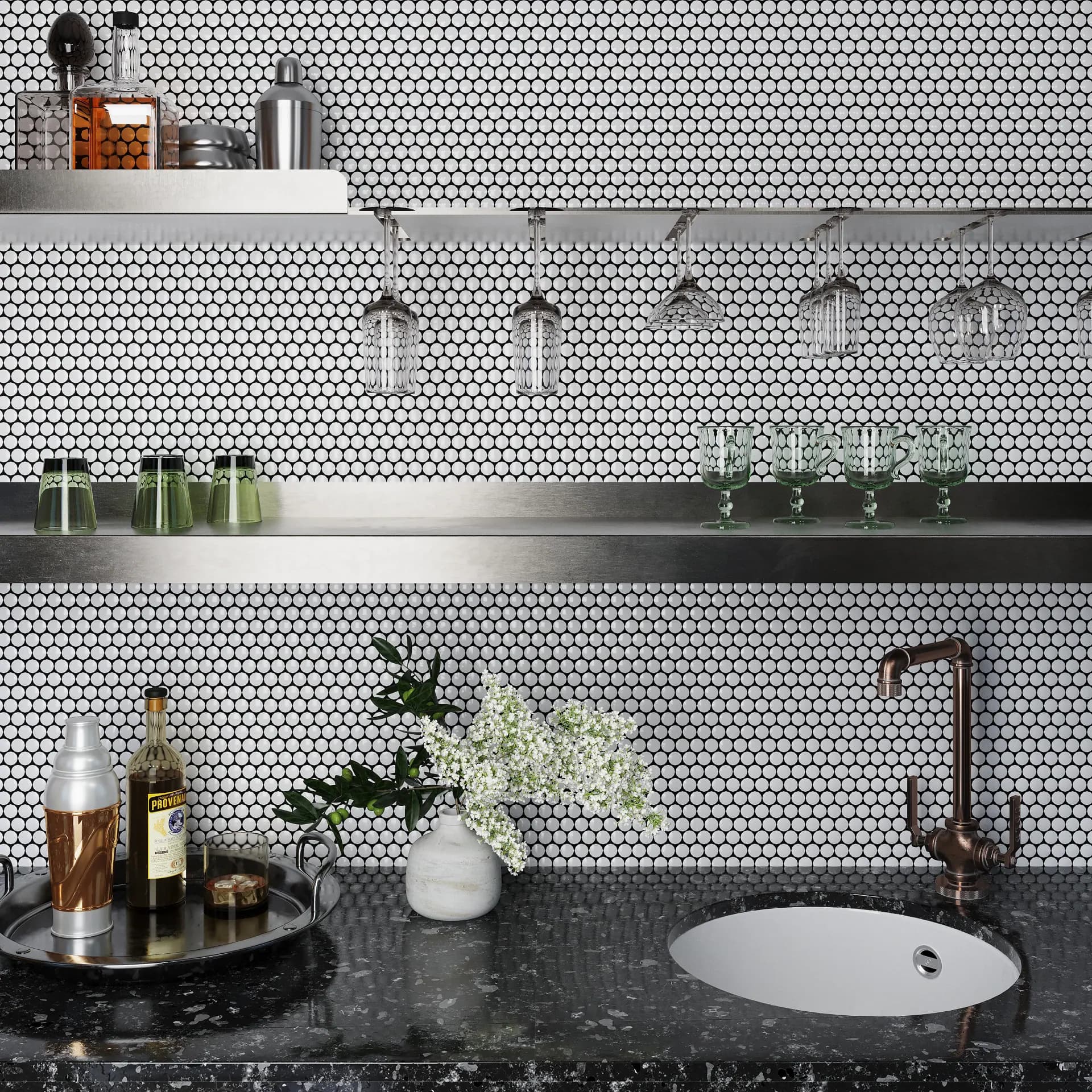 White geometric kitchen tile pattern