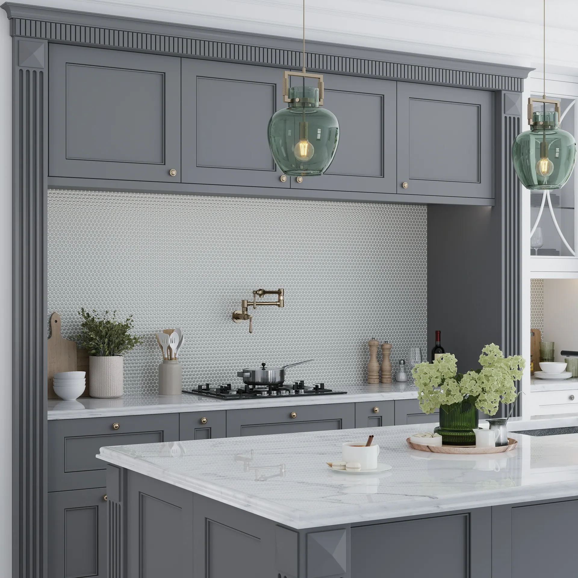 Grey geometric pattern kitchen tiles