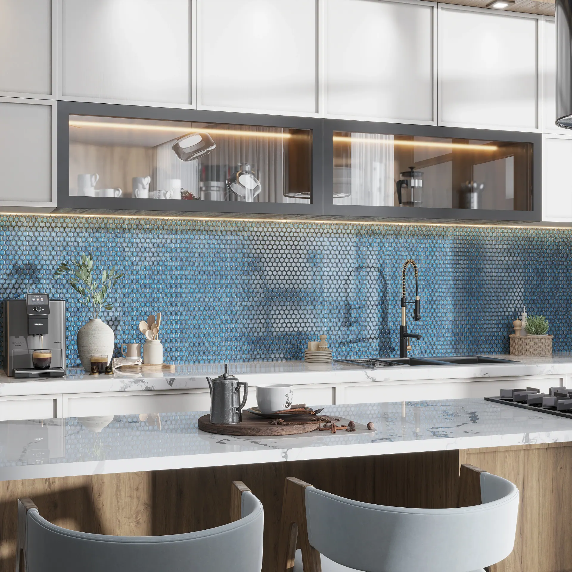 Blue hexagonal kitchen tile pattern